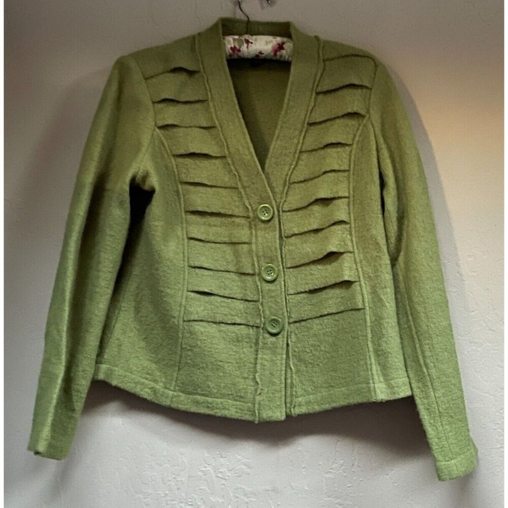 Clothes by Revue Women Knitted Wool Button Cardigan Sweater Medium Green Pleats
